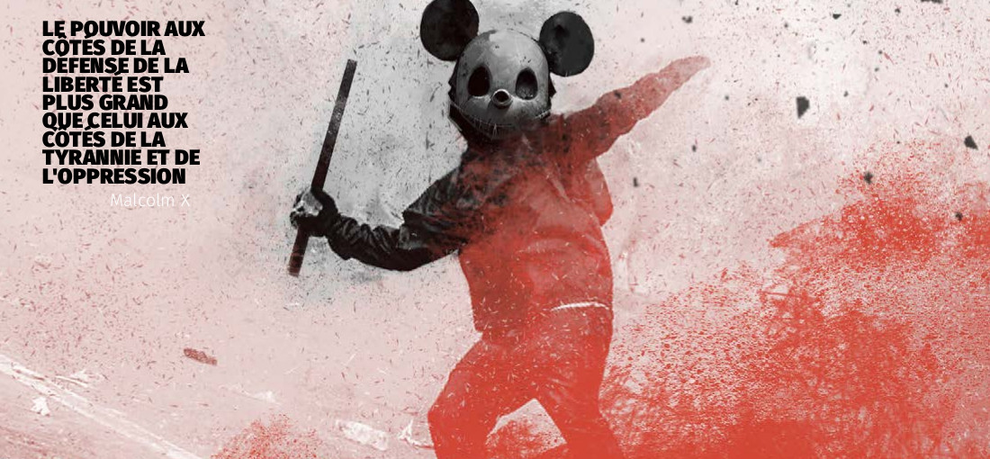 Illustration d'un émeutier portant un masque de Mickey Mouse, un bâton à la main